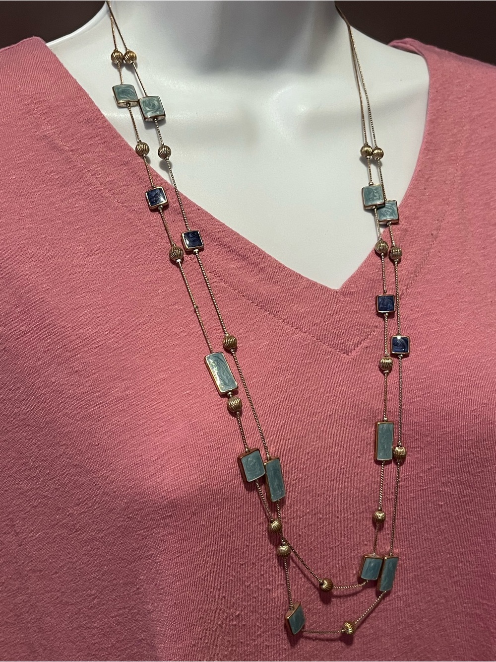 Silver Multi-Strand Necklace with Blue-Green Enamel Accents